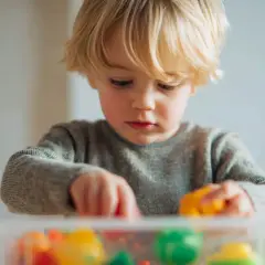 Niño rubio concentrado jugando con bloques de colores en una caja transparente, preparándose a guardar.