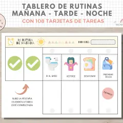Un tablero de hábitos para rutinas diarias, con iconos para ir al baño, vestirse, desayunar y preparar la bolsa. Incluye un espacio para el nombre y una indicación para subir una pestaña al completar tareas.