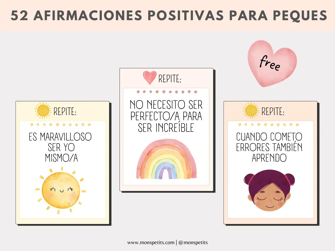 Tarjetas con frases positivas para niños de infantil: "Es maravilloso ser yo mismo/a", "No necesito ser perfecto/a para ser increíble", "Cuando cometo errores también aprendo".