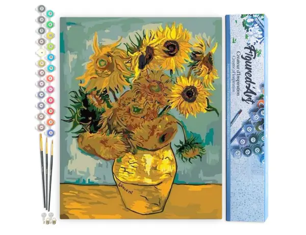Un kit de pintura por números con girasoles al estilo de Van Gogh, incluyendo pinceles y botes de pintura numerados.