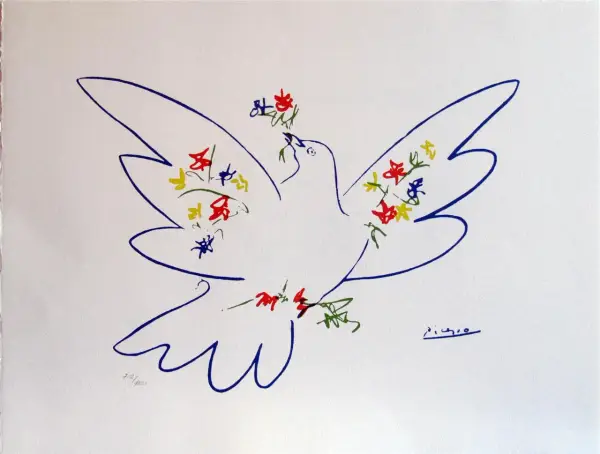 Paloma de la paz de Picasso con flores de colores.