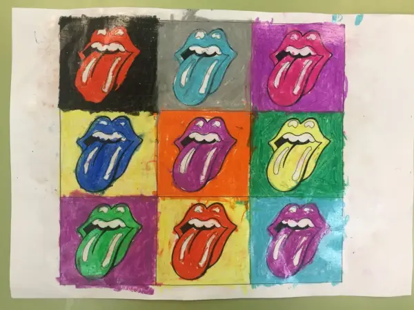 Un collage de bocas con lenguas sacadas, al estilo de Andy Warhol para niños, en vibrantes colores.